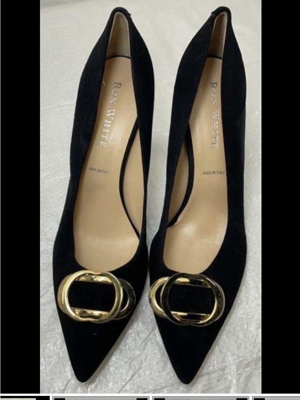 Ron white Black Suede Heeled Pointed-Toe Pumps with Gold Buckle (hard to find)